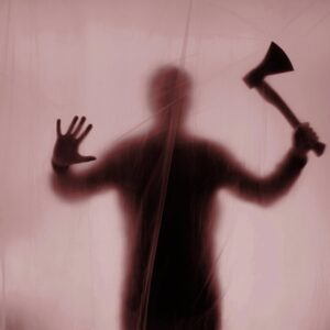 Ian Brady behind screen with axe